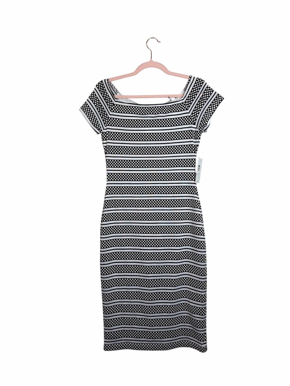 NWT Bisou Bisou Size 10 Black White Stripe Polka Dot Stretch Sheath Dress